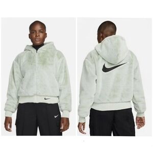 Nike Essentials Faux Fur Swoosh Jacket in Grey Haze